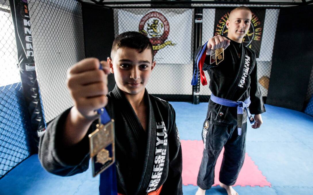 Champs: Jayden Bojlevski (front) and Colby Thicknesse have won gold medals at the National Jiu Jitsu Championships. Picture: GEORGIA MATTS