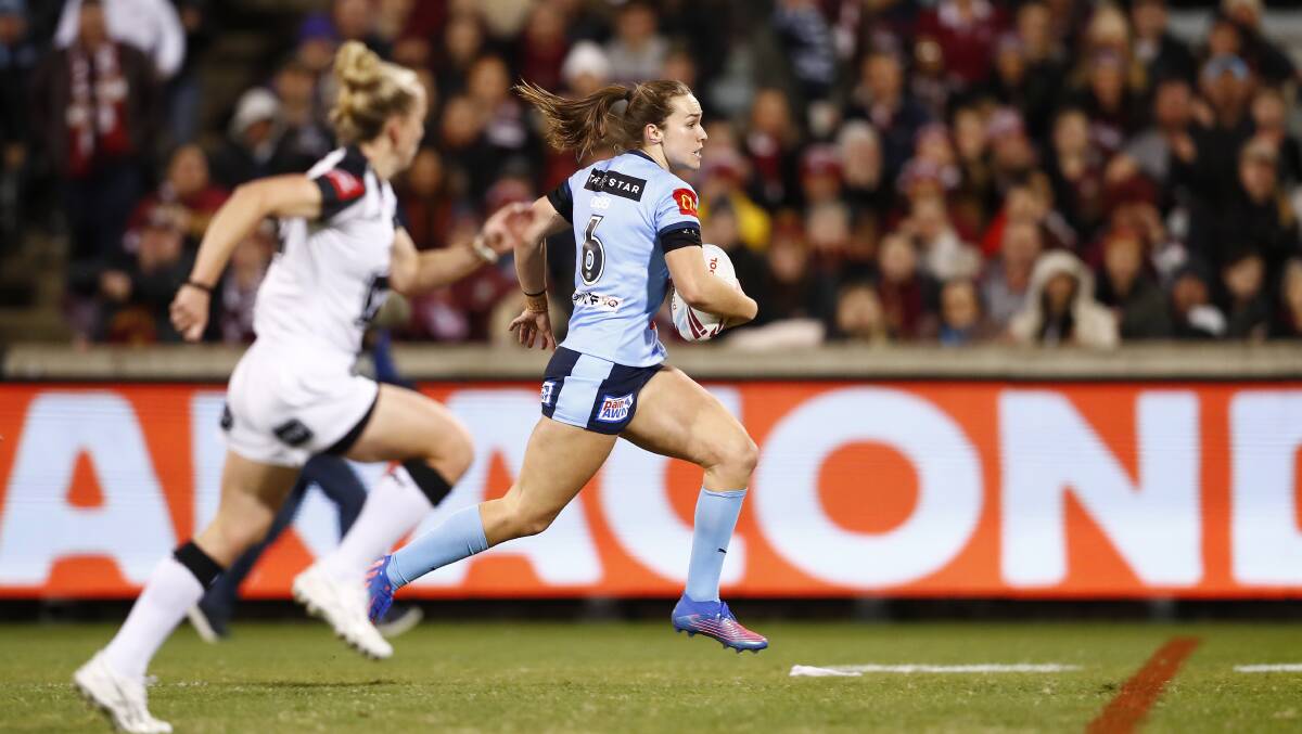 Kirra Dibb scored a brilliant individual try for the Sky Blues. Picture: Keegan Carroll