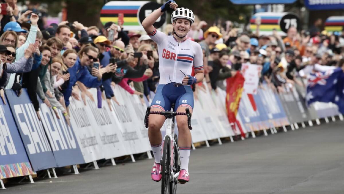British rider Zoe Backstedt wins her second world championship race in Wollongong, easily winning the junior women's road race on Saturday. Picture: Adam McLean