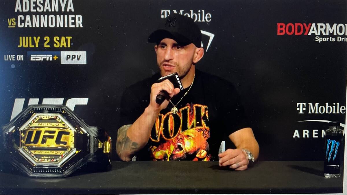 FOCUSED: Illawarra's UFC featherweight champion Alex Volkanovski speaking to the media ahead of his trilogy fight with Max Holloway on Sunday in Las Vegas.