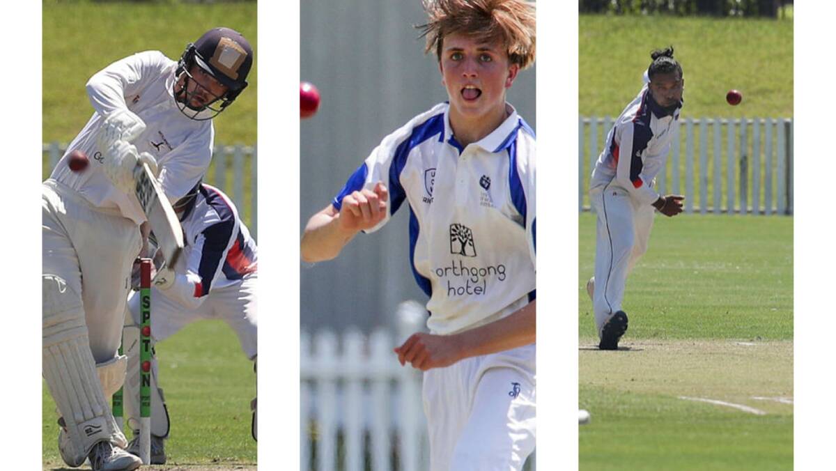 Wollongong batsman Jayden Zahra-Smith, University all-rounder Alec Dobson and Wests Illawarra bowler Udara Jayasundara. Pictures by Robert Peet and Adam McLean