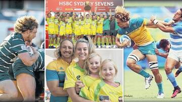 Jesse Parahi pictured in action for the Woonona Shamrocks, playing for Australia in rugby sevens and with his wife Carlien and their children Lilli and Mieke.