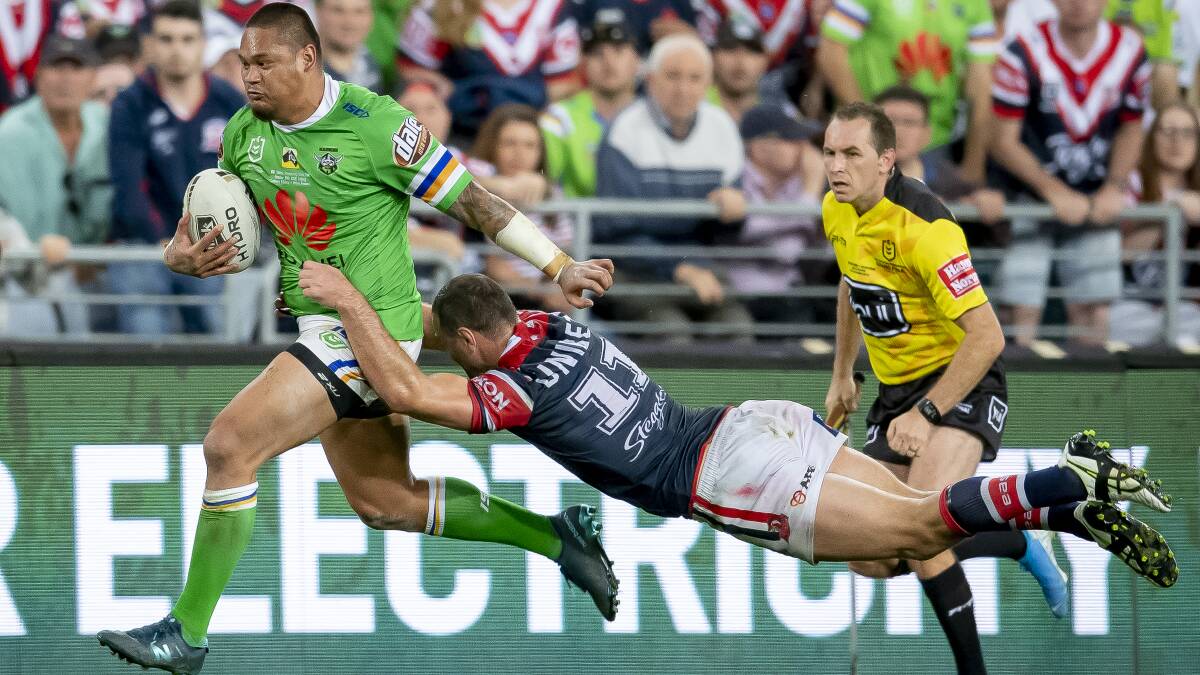 Joey Leilua playing for the Canberra Raiders in the 2019 NRL grand final against the Sydney Roosters. Picture by Sitthixay Ditthavong