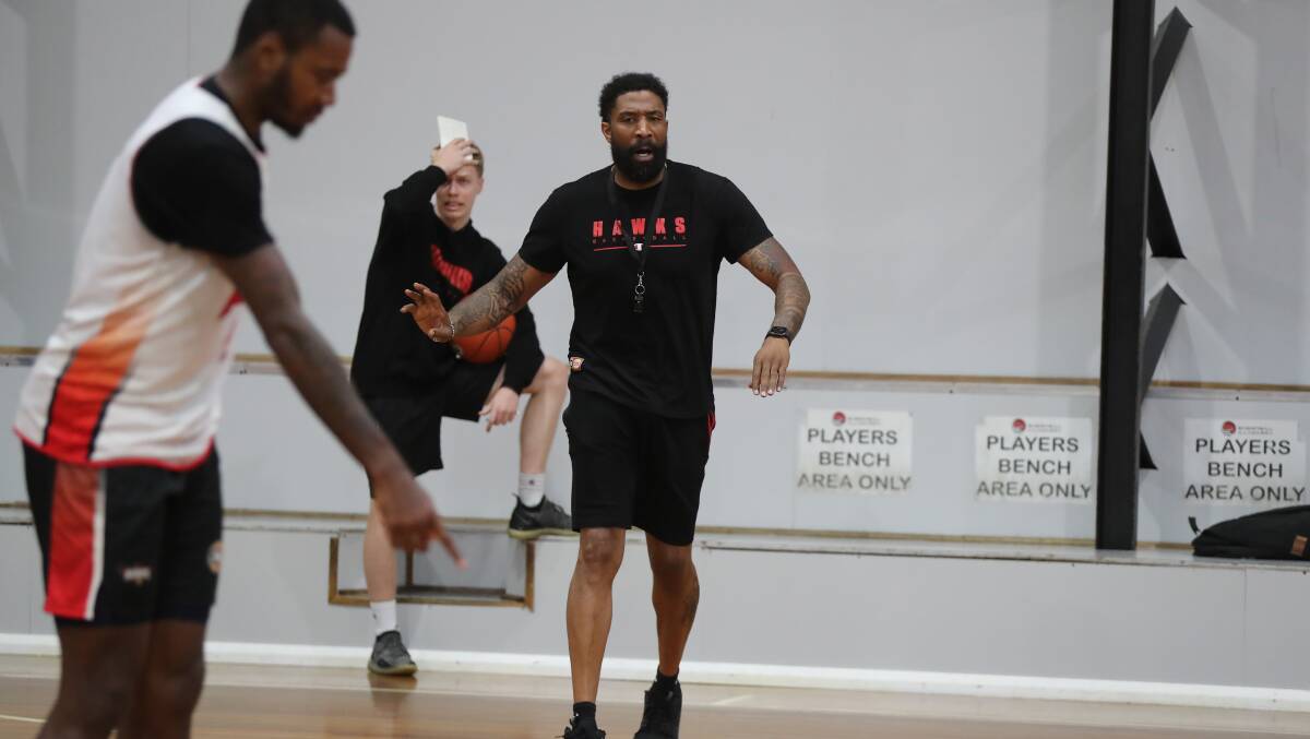 Hawks interim coach Justin Tatum conducts training earlier this week ahead of Illawarra's clash away to the Brisbane Bullets on Sunday. Picture by Robert Peet