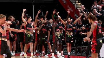 The Illawarra Hawks celebrate a win. Picture bY sylvia Liber
