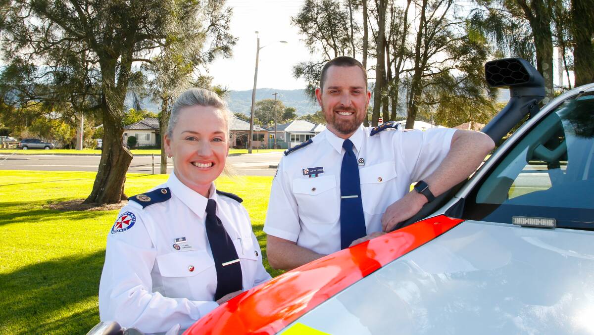 GOOD NEWS: Clare Lorenzen, the assistant commissioner and director of regional operations for NSW Ambulance and acting inspector of North Illawarra command, Nathan O'Brien. Picture: Anna Warr