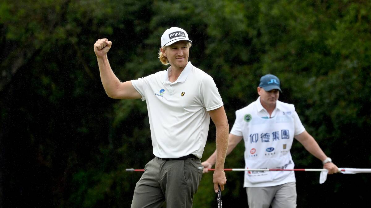 Shellharbour golfer Travis Smyth celebrates making a shot during his win in the USD $700,000 Yeangder Tournament Players Championship at the Linkou International Golf and Country Club, just outside of Taipei.