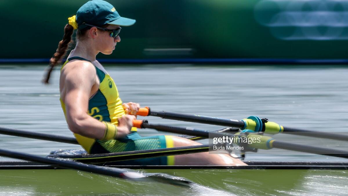 OLYMPIAN UNLEASHED: Caitlin Cronin of Team Australia competes during Womens Quadruple Sculls at the Tokyo 2020 Olympic Games at Sea Forest Waterway on July 23, 2021. Picture Buda Mendes/Getty Images
