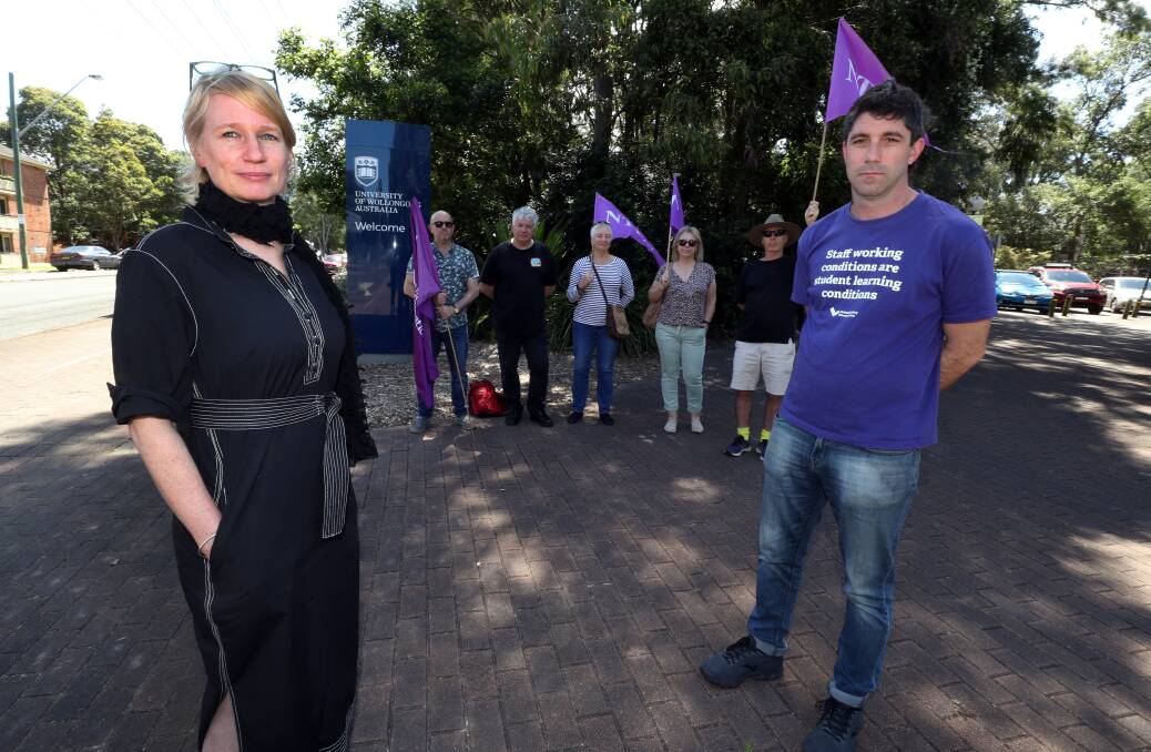 SEEKING ANSWERS: Professor Fiona Probyn-Rapsey and NTEU organiser Martin Cubby with union members outside the University of Wollongong. File picture: Robert Peet
