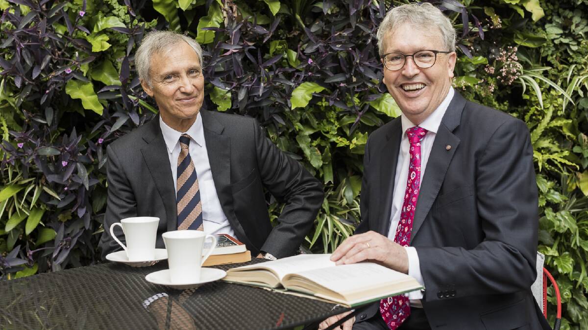 Controversial course: University of Wollongong Vice-Chancellor Professor Paul Wellings with Ramsay Centre CEO Professor Simon Haines after signing a deal to provide a new degree on Western Civilisation. Picture: supplied