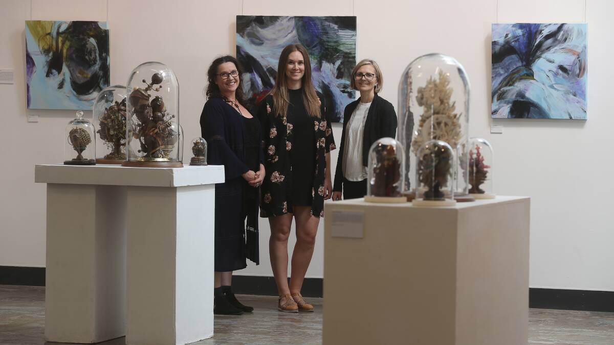 EXHIBITING ARTISTS:  Illawarra teachers Mary Costello, Sarah Cole and Leen Rampe have their work featured in the exhibition. Picture: Robert Peet