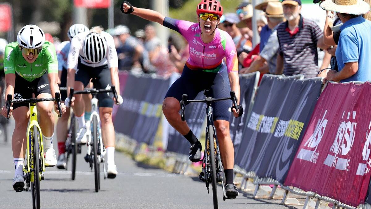 Josie Talbot celebrates winning the elite road race title at the 2022 Oceania Road Championships in Brisbane last April.