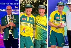 Tony Panecasio receiving his bowler of the tournament medal, pictured with Australian captain Peter Jensen and being congratulated by the umpire after his heroics in the World Cup final in Chennai. Pictures supplied