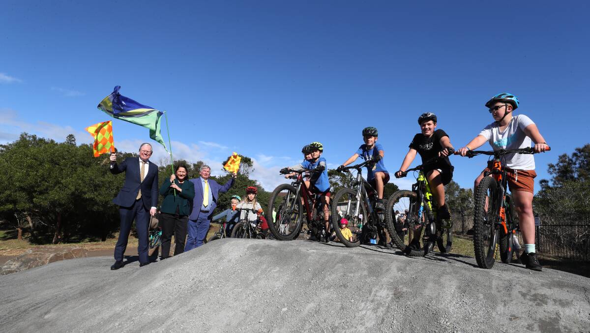 READY, SET, GO: Kiama MP Gareth Ward, Federal Member for Gilmore Fiona Phillips and Kiama councillor Mark Way open the new bike skills track. Picture: Robert Peet