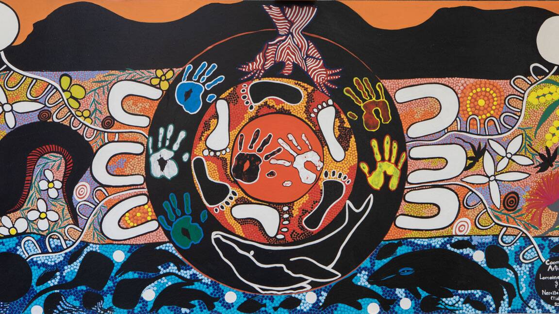 KULCHA AND THE WIDER COMMUNITY: Artists and sisters Lorraine Brown and Narelle Thomas created this mural for UOW. Picture: Stephanie Rooney