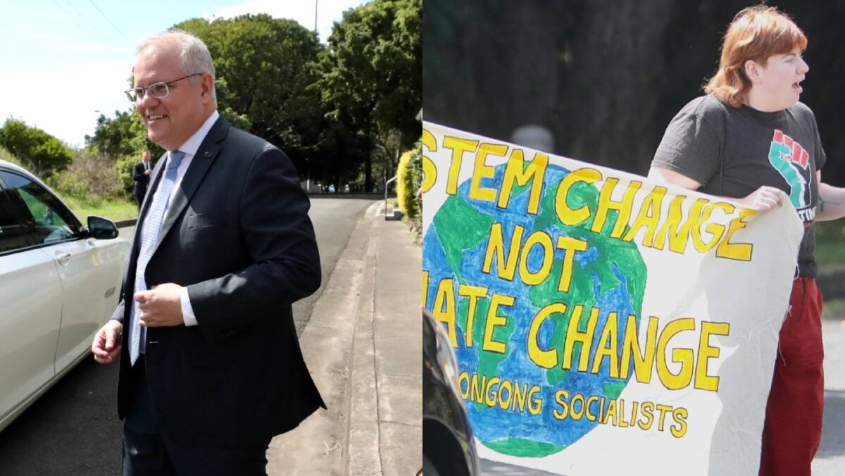 SPLIT SCREEN: Prime Minister Scott Morrison managed to avoid the handful of protestors outside Port Kembla Steelworks. Pictures: Adam McLean. 