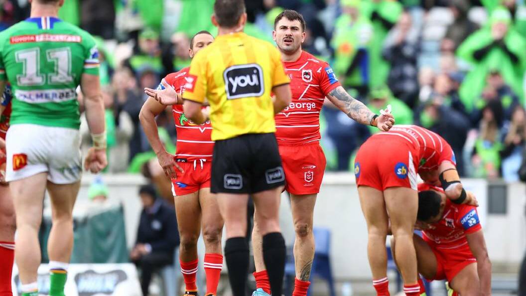 STIFFED: Jack Bird protests referee Adam Gee's late no-call in the Dragons narrow loss to the Raiders on Sunday. Picture: Getty Images