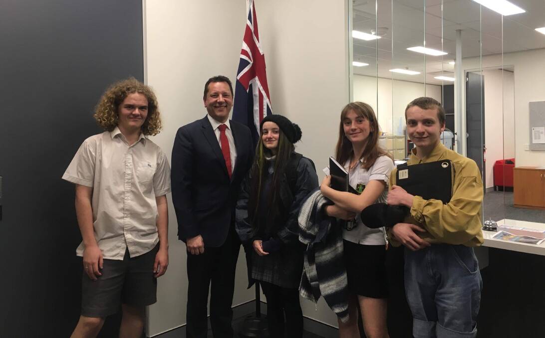 Illawarra students Mikaela Amos, Finn Francis, Lola Bell and Ikey Doosey-Shaw met with Wollongong MP Paul Scully in his office on Thursday.