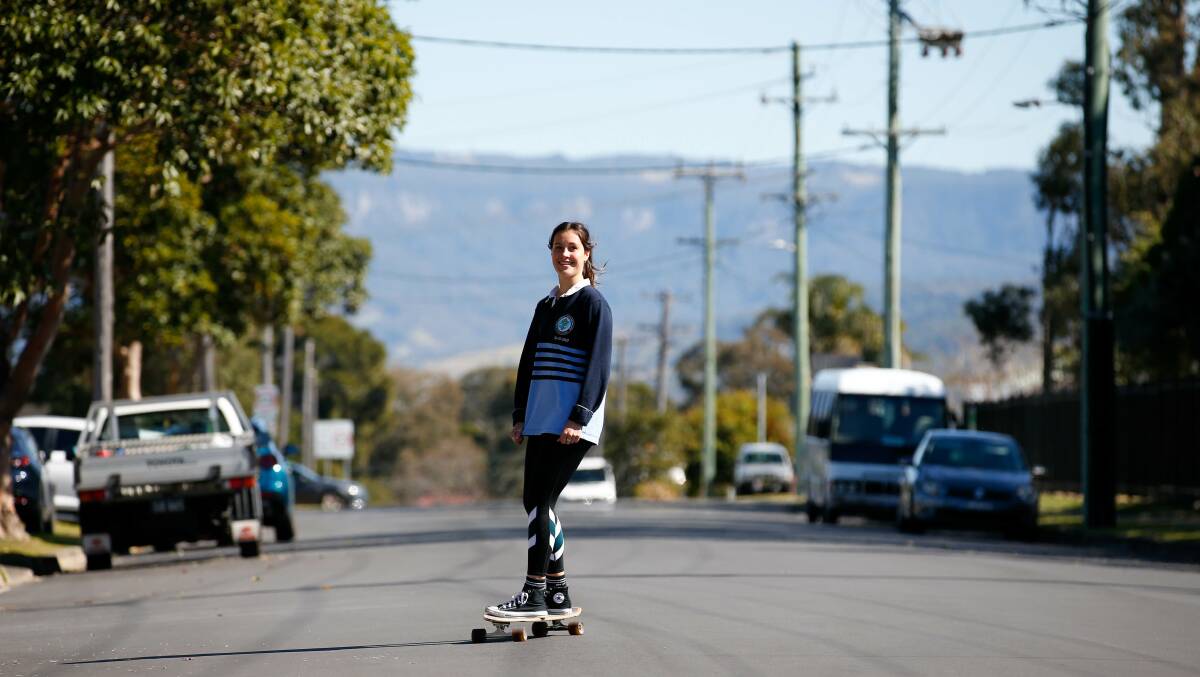 SKATING THROUGH: Shellharbour Anglican College captain Annabelle Thorpe copes with lockdown learning by doing things she loves, such as riding her skateboard. Picture: Anna Warr