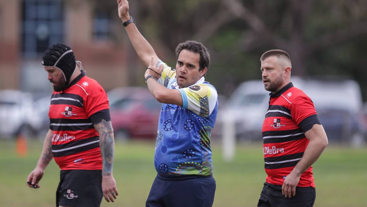 IN CONTROL: Illawarra rugby referee Tyson McEvoy wearing a specially-designed jersey marking NAIDOC Week when officiating the Tech-Tahs v Campbelltown game at Saunders Oval on July 16. Picture: Adam McLean