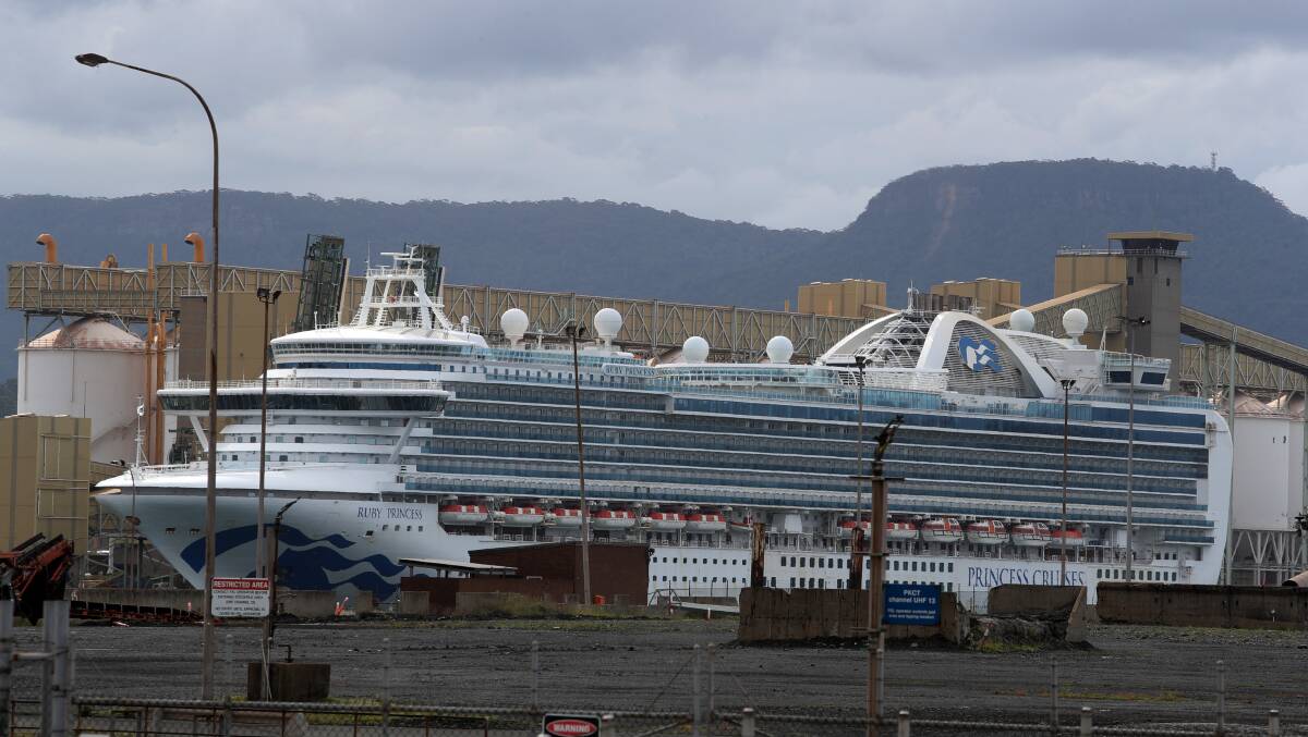 Some 46 crew onboard the Ruby Princess docked in Port Kembla, have tested positive for coronavirus. Picture: Robert Peet
