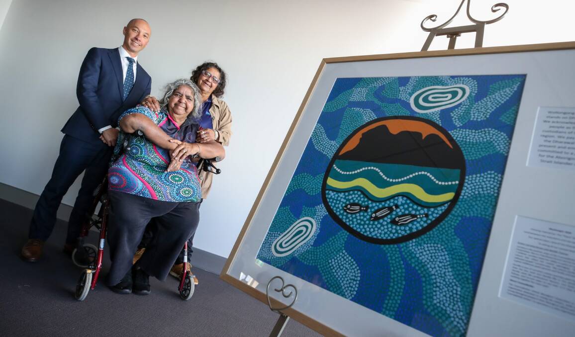 Wollongong Private Hospital CEO Steven Rajcany with Indigenous artists Lorraine Brown and Narelle Thomas. Picture: Adam McLean