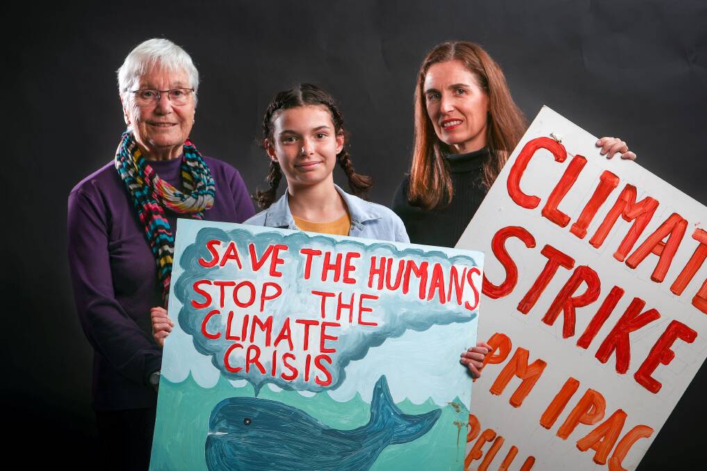 CLIMATE CRUSADERS: Shirley Gladding, Maya Page and her mother Nadine Page ahead of the School Strike 4 Climate. Picture: Adam McLean