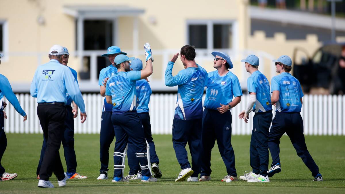 Northern Districts Butchers players celebrate taking a wicket during their T20 grand final win over University last year. Picture by Anna Warr