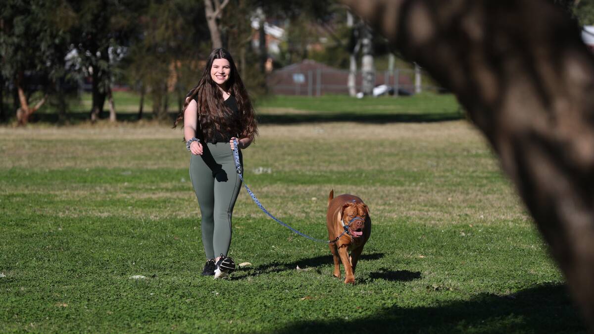 EXERCISE: Woonona High School student Jaida Way walks the family dog Russell every day to help her deal with HSC and lockdown stress. Picture: Robert Peet