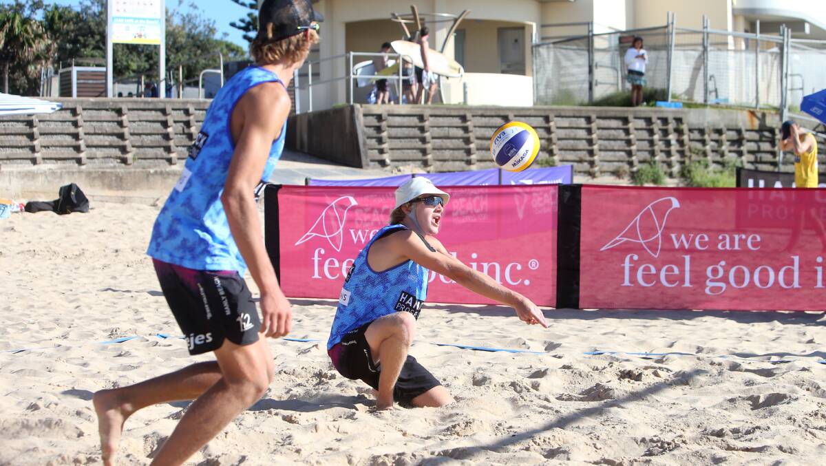 Adax Brienen )bucket hat) and his partner Adam Fejes are seeded first to win the Australian Beach Volleyball Tour U19 boys division at North Beach, Wollongong. Picture: Sylvia Liber.