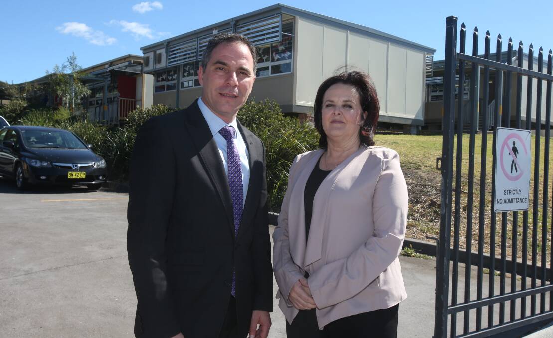 NSW Shadow Minister for Education, Jihad Dib and Shellharbour MP Anna Watson outside Dapto Public School. Picture: Robert Peet.