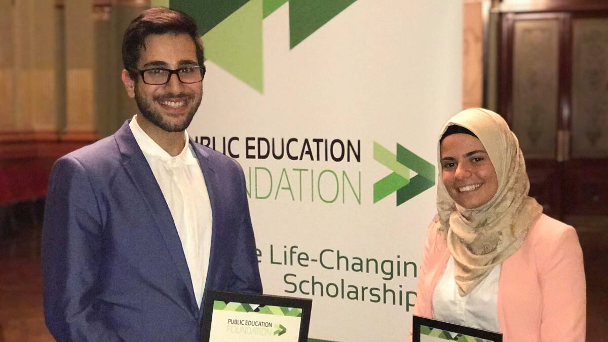 SCHOLARSHIP SUCCESS: University of Wollongong students Amro Zoabe and Sara Al Arnoos have received a Friends of Zainab Tertiary Scholarship. (Below) Sara Al Arnoos in action at the YMCA Youth Parliament.