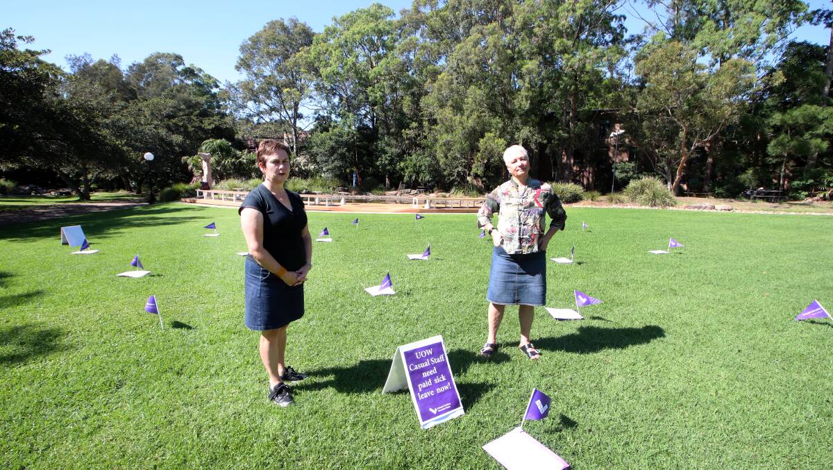 SILENT PROTEST: UOW casual tutor Dr Jeannine Baker and NTEU branch president Georgine Clarsen want paid sick leave for casuals. Picture: Sylvia Liber