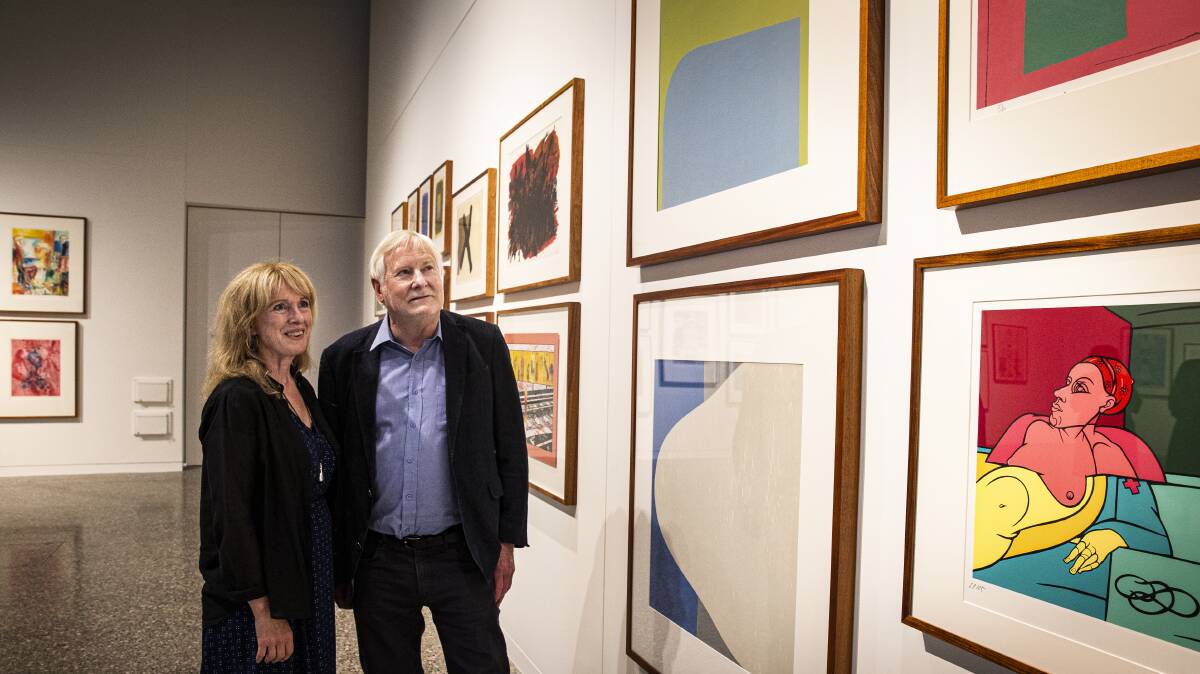 ART: Heather Bolton and Dr Douglas Kagi at the The Kagi Donations exhibit showing n the Gallery of the Jillian Broadbent Building until March 17, 2021. Picture: Paul Jones