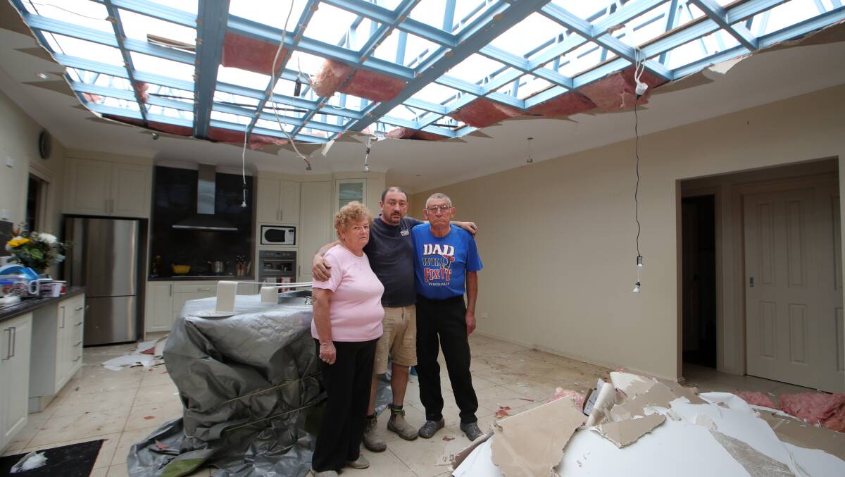 Anthony Portelli with his parents Carmen and Monty Portelli. A GoFundMe page has been started to help rebuild the elderly Flinders' couples' storm-damaged home. Picture: Sylvia Liber 