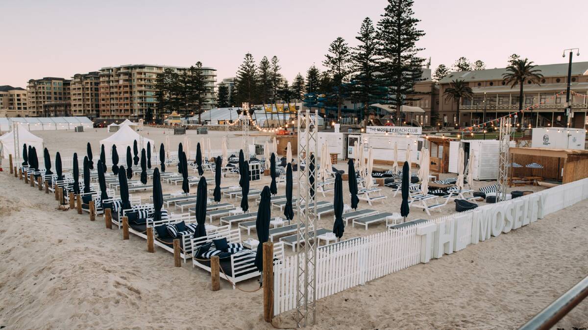 South Australia's Moseley Beach Club was trialed at Glenelg in early 2018 and so successful it returned. Wollongong Councillor Cameron Walters wants to see one at North Beach. Picture: Oliver Parker