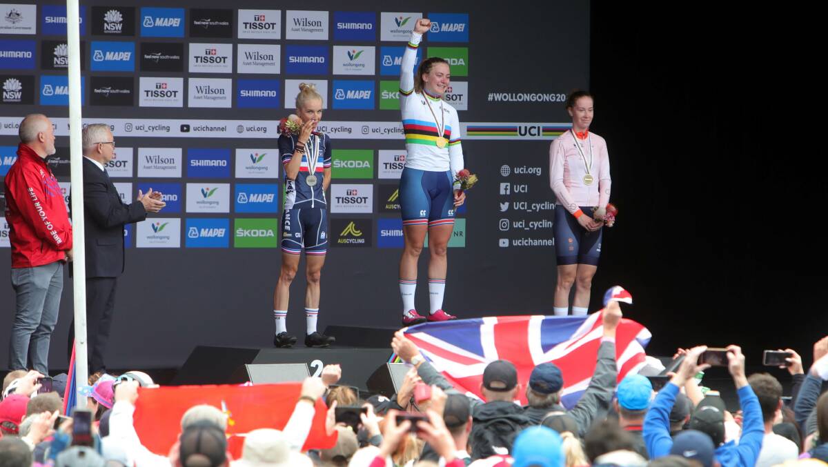 Race winner Zoe Backstedt, second Eglantine Rayer from France and third place Nienke Vinke from Netherlands. Picture: Sylvia Liber.
