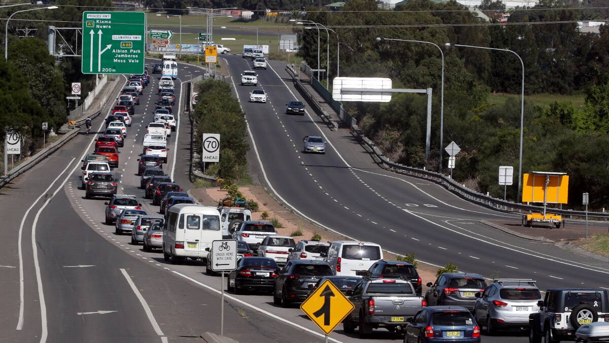 Southbound traffic was rated as heavy from Dapto to Albion Park Rail on the M1 Princes Motorway and the Princes Highway, adding around 10 minutes travel time. Picture: Robert Peet