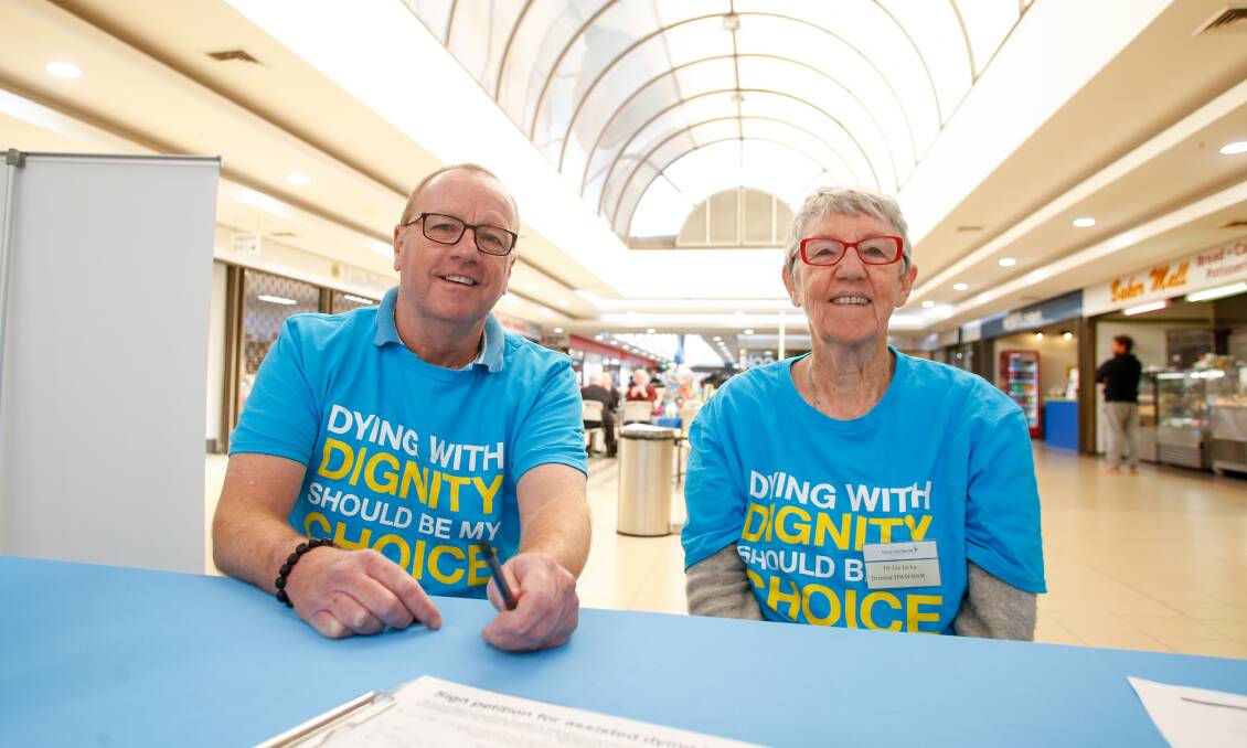 CAMPAIGN: Dying with Dignity supporters Richard Martin and Liz Jacka launched an on-the-ground grassroots campaign at Corrimal Park Mall on Thursday. Picture: Anna Warr