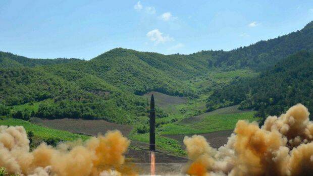 North Korea's first launch of a Hwasong-14 intercontinental ballistic missile, which took place in early July. Photo: Korean Central News Agency via AP
