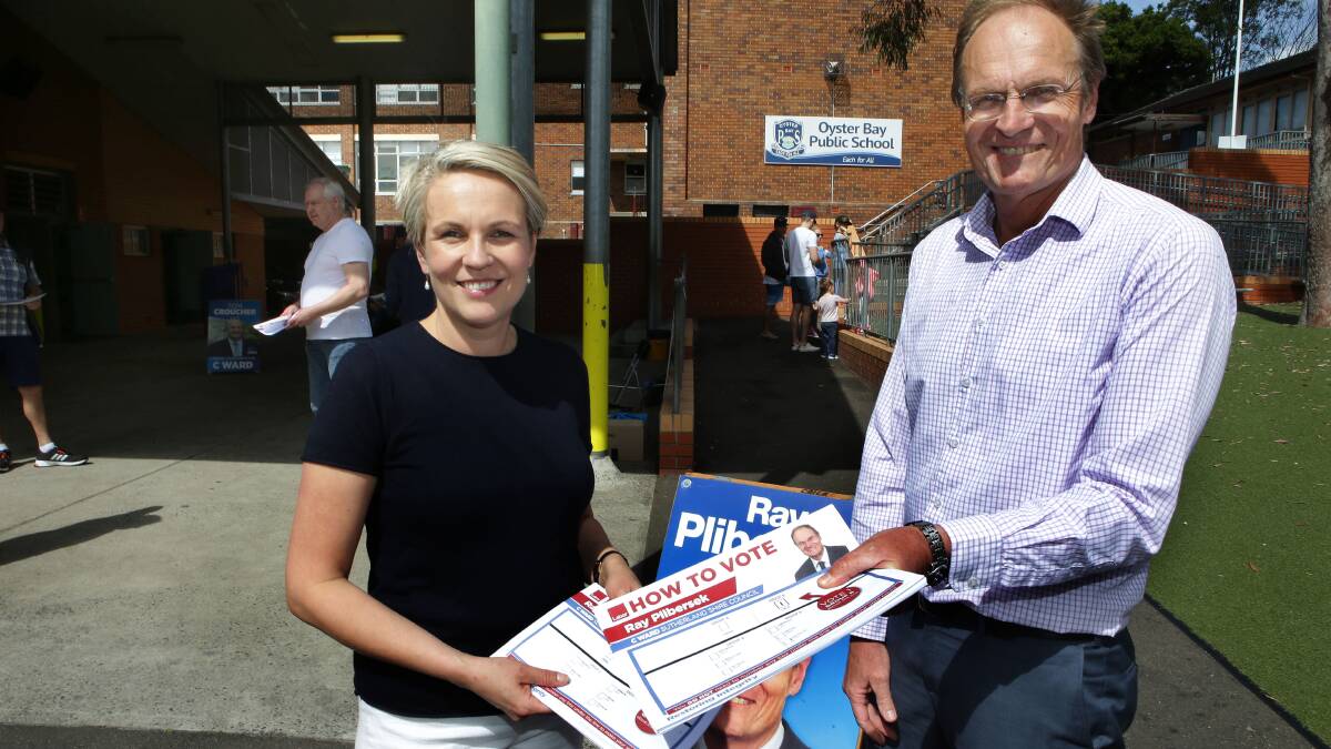 Federal Labor MP Tanya Plibersek hands out how-to-vote leaflets for her brother Ray at Oyster Bay Public School on council election day in 2016. Picture: John Veage