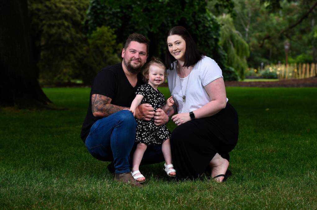 PULLING TOGETHER: Chris Baxter, Billie Baxter, 19 months, and Grace Bailey face some tough months ahead after Ms Bailey was diagnosed with breast cancer aged 26. Picture: Adam Trafford