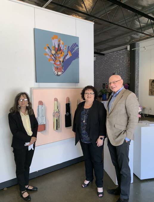 ART PRIZE: EMSLA director Leigh Summers; councillor Tania Brown, deputy mayor of Wollongong City Council; and Dr Mal Eutick at Friday's launch. Picture: Supplied
