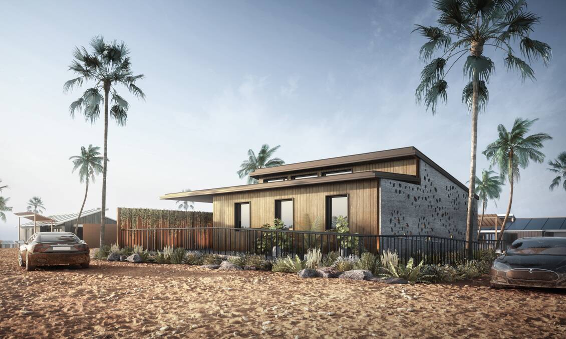 This exterior render showcases the southern side of the 'Desert Rose' house in a desert environment. Pictures: Supplied