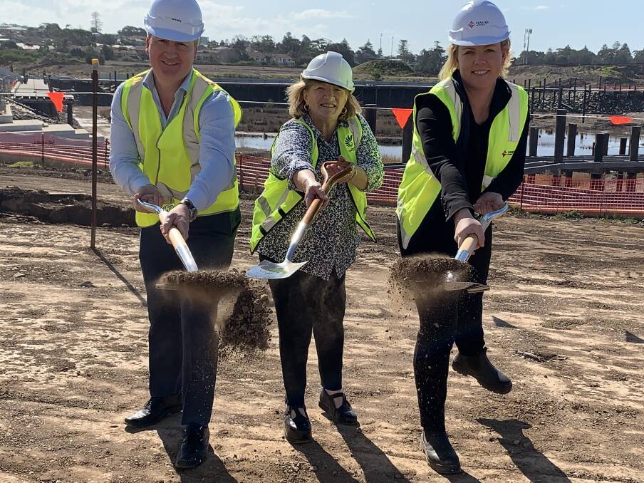 WORKS: Gavin Duffy of Duffy Kennedy Constructions, Shellharbour Mayor Marianna Saliba, and Simone Dyer from Frasers Property Australia at Monday's sod-turning. Picture: Brendan Crabb 