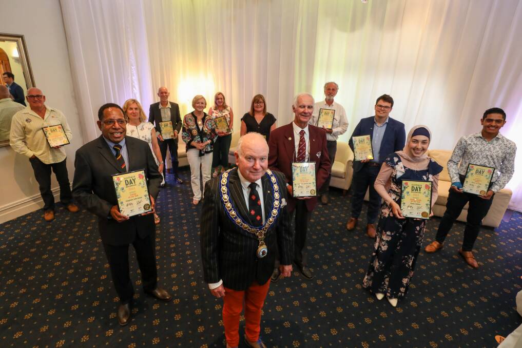 WINNERS: Wollongong Lord Mayor Gordon Bradbery, pictured with the Australia Day Award winners at Friday's event. Picture: Adam McLean 