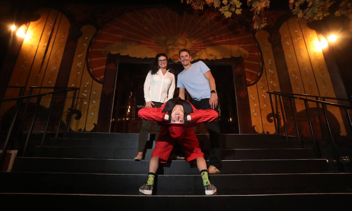 SHOW TIME: Mercury digital subscribers Bianca Perry and Michael Perry with performer 'Invertebrate' Anthony Rodriguez at the Spiegeltent Wollongong VIP showing. Picture: Robert Peet