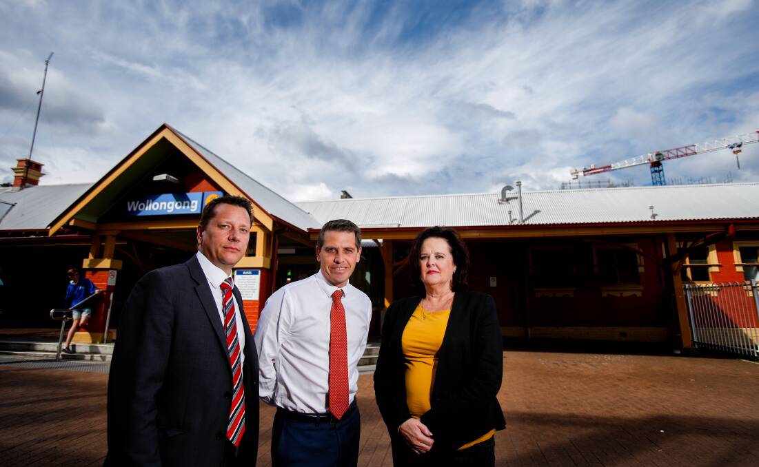 CALL FOR ACTION: Labor MPs Paul Scully, Ryan Park and Anna Watson at Wollongong train station last year. Picture: Adam McLean