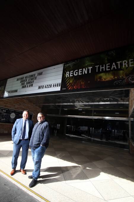 Colliers’ Marcelo Ramirez with pastor Scott Hanzy. Colliers is offering The Regent Theatre for sale via Expressions of Interest. Picture: Sylvia Liber 