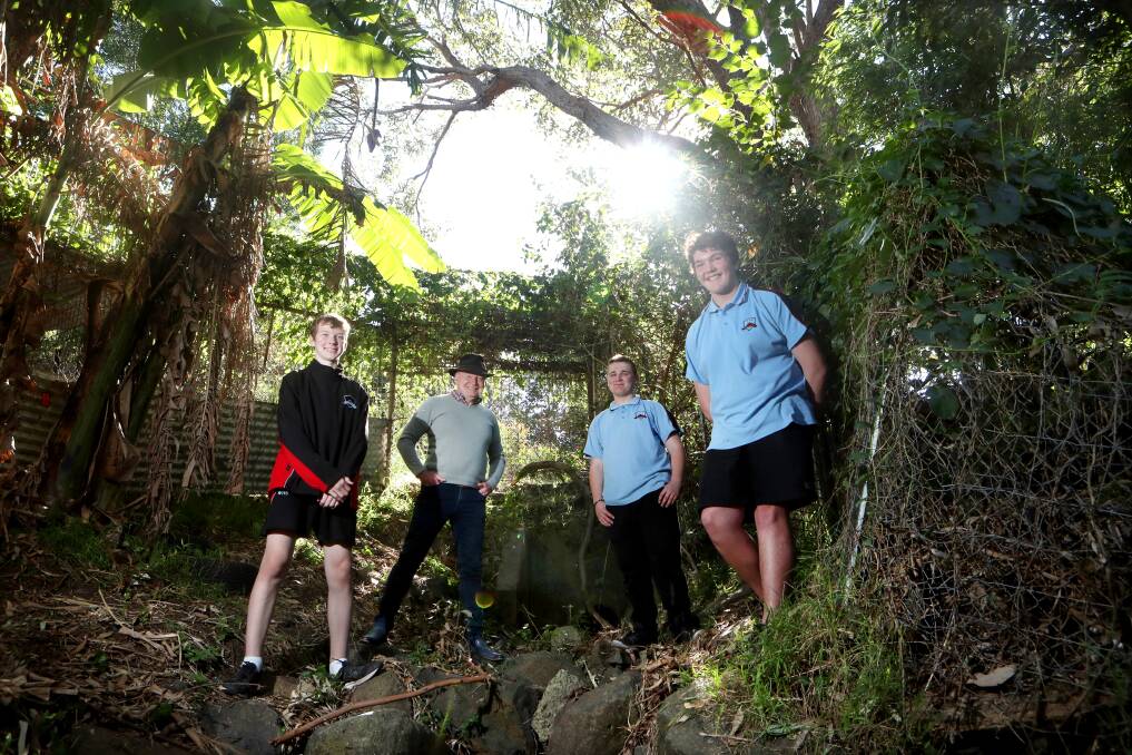 PROJECT: Wollongong Lord Mayor Gordon Bradbery with Warrawong High students Brayden Hassan, Levi Elliott and Noah Imrie. Picture: Sylvia Liber